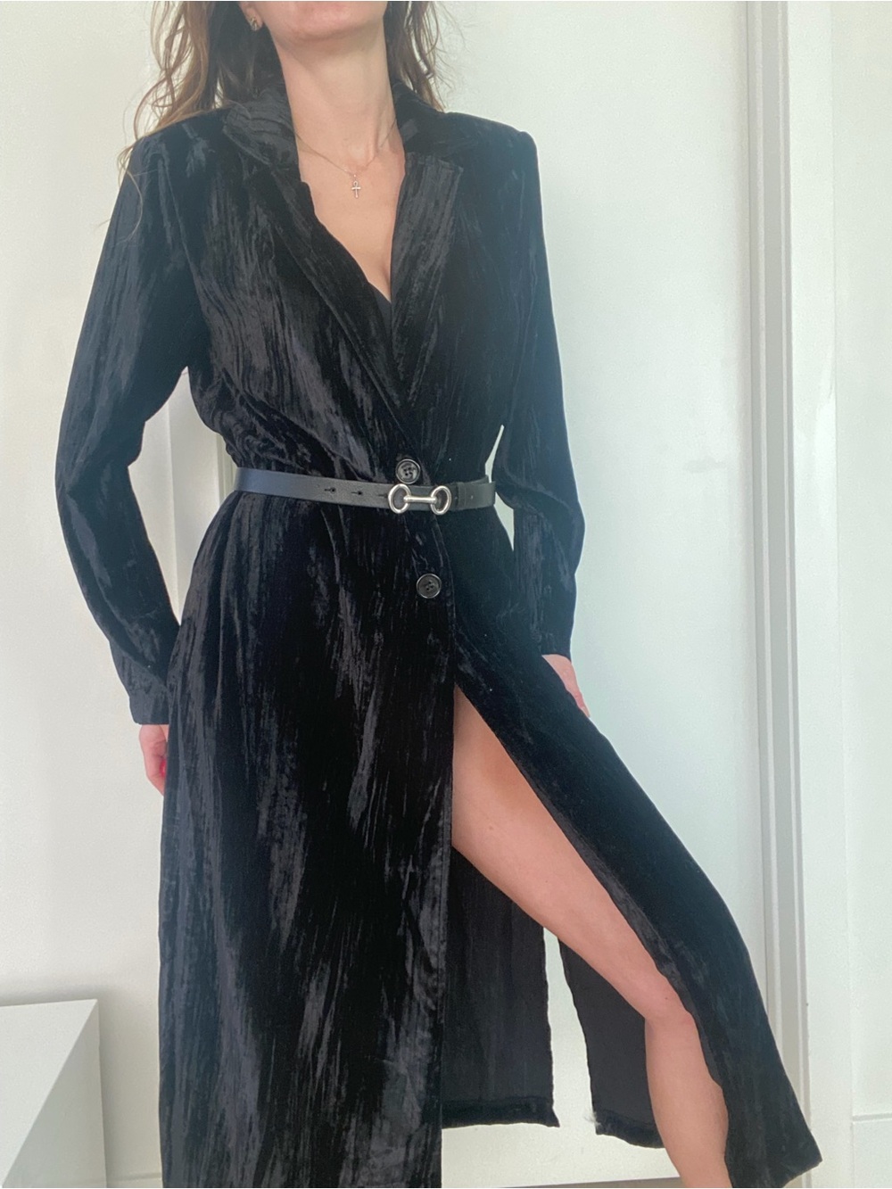 Gothic vampire dark romance line blk velvet long thin button down dress coat